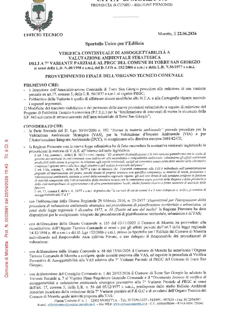 Provvedimento finale dell'Organo Tecnico Comunale